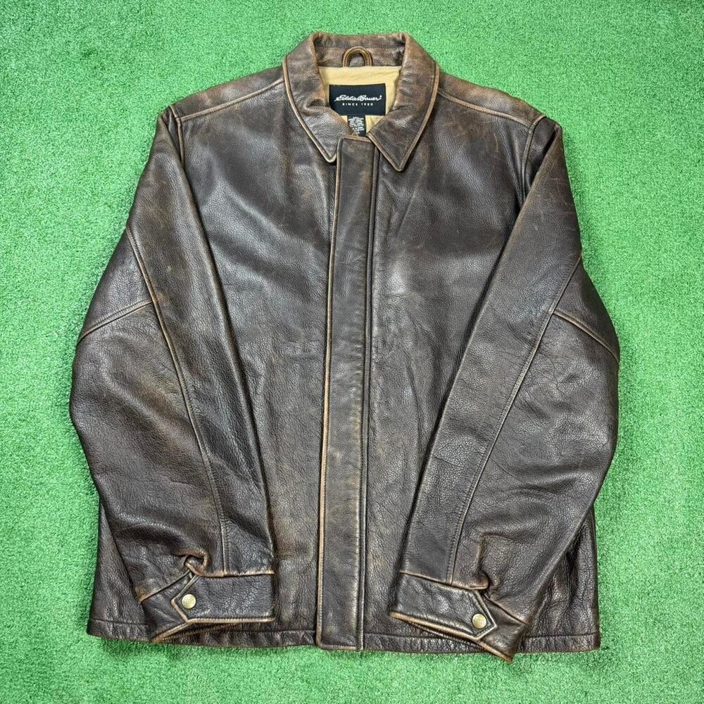 Eddie Bauer Leather Jacket Distressed Brown Workwear Heavyweight XL Tall Y2K